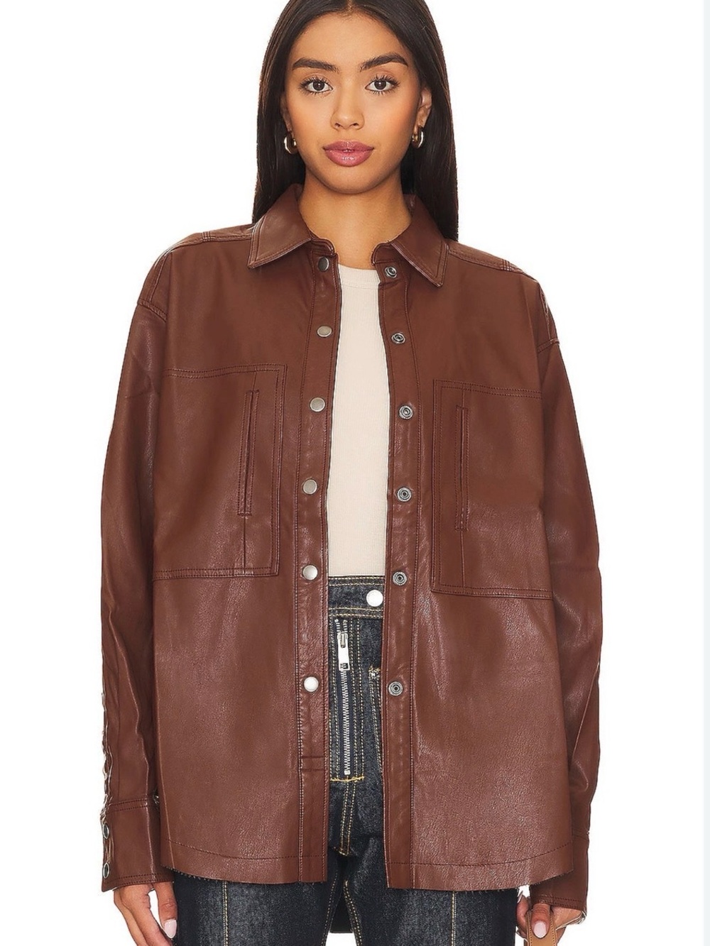 Free People Easy Rider faux‎ leather shacket in a desert topaz brown color Sz S